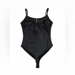 Fitted Black Body Suit Spaghetti-Strap • Faux Leather